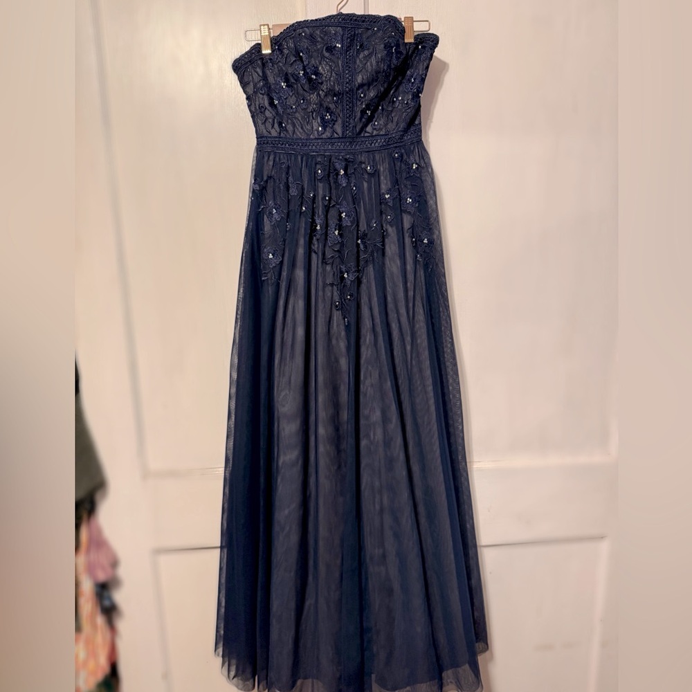 Dillards Gianni Bini Strapless Navy Blue Floral Rhinestone Formal Long Dress